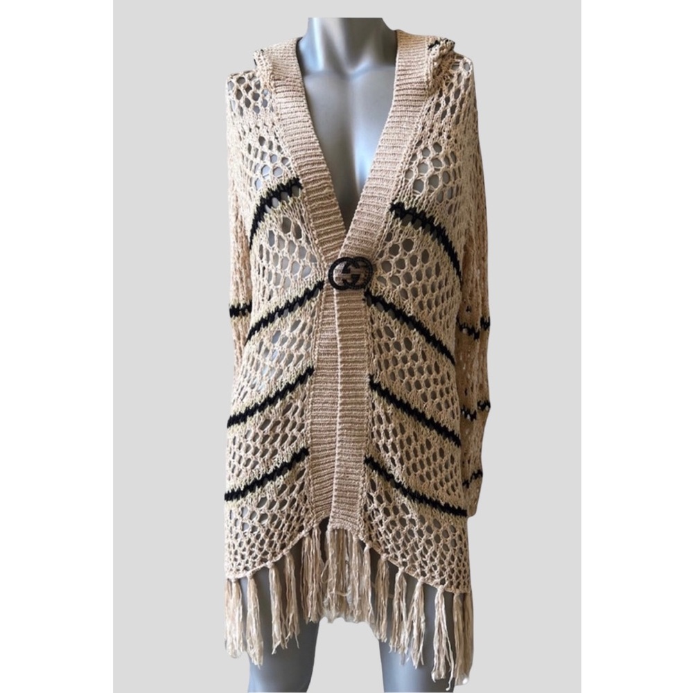 Fringe Sweater Striped Open Knit Hooded